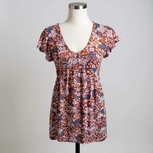 Steve Madden Floral V-Neck Mini Dress Flutter Cap Sleeves Brown Multi Size Small